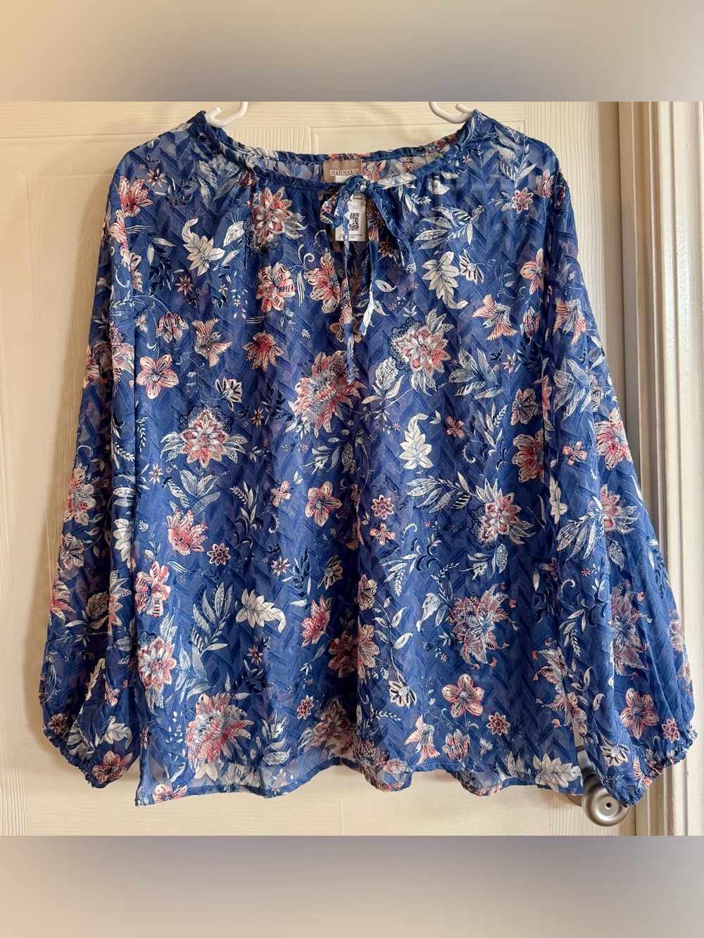 Chico's Blue Floral Long Sleeve Chiffon Blouse